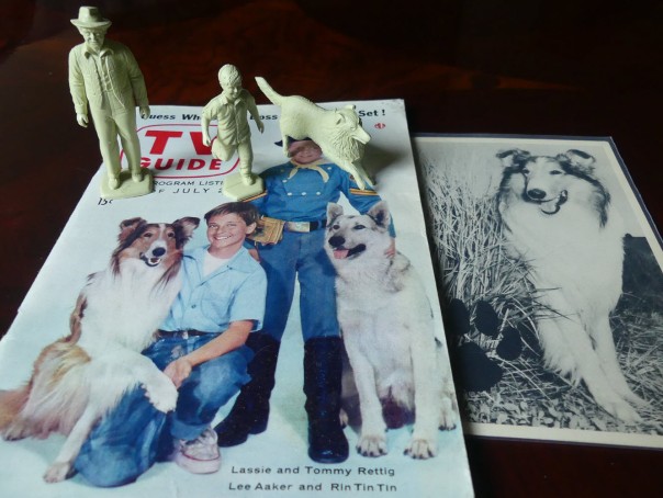 Lassie, Jeff, Gramps. 1955 miniatures. Standing on TV Guide, July 2, 1955. Tommy Rettig (as Jeff) and Lassie on cover with Rin Tin Tin. Photo postcard of Lassie on right, with her paw print.